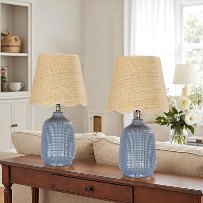 19" Boho Ceramic Table Lamp Set of 2, Handmade Ceramic Base with Rattan Shade, Farmhouse Plug-in Bedside Nightstand Lamps for Bedroom, Living Room, E26 Socket, Navy Blue