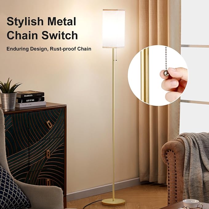 Gold Floor Lamps for Living Room Bedroom - 3 Color Temperature Modern Standing Lamps with Pull Chain Switch LED Bulb, Tall Lamp for Office Kids Room Reading Corner(Light Beige Shade)