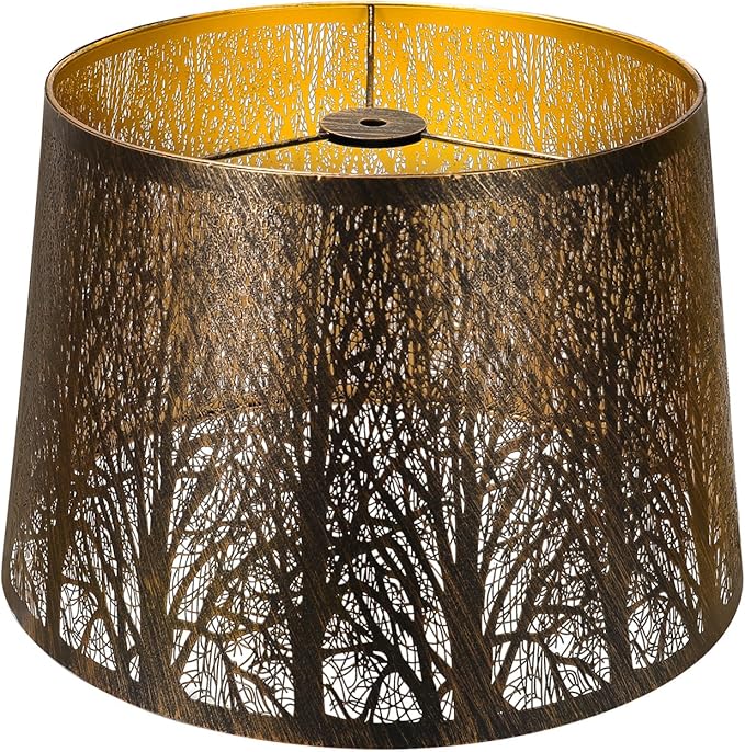 Etched Forest Metal Lampshade, ALUCSET Drum Metal Lamp Shade for Table Lamp,10" Top x 12" Bottom x 8" High Replacement Vintage Lamp Shade, Pattern of Trees Spider Lamp Cover (Antique Bronze Gold)