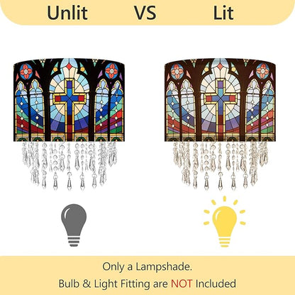 Cross Stained Glass Lamp Shade with Acrylic Bead Droplets, Drum Fabric Light Shade for Ceiling Pendant Table & Floor Lamps, Religious Christian Jesus Prayer Gift, 11.8in