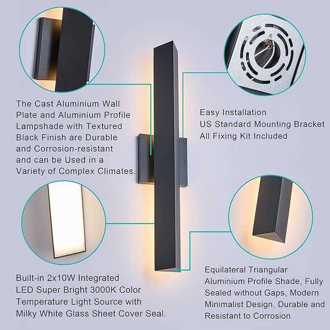 Modern Minimalist 20W LED Outdoor Wall Light, IP65 Waterproof, 1700 Lumens Warm White, Black Textured Aluminum & Frosted Glass, Wall-Mounted Porch Lights for Garage, Patio, Entryway