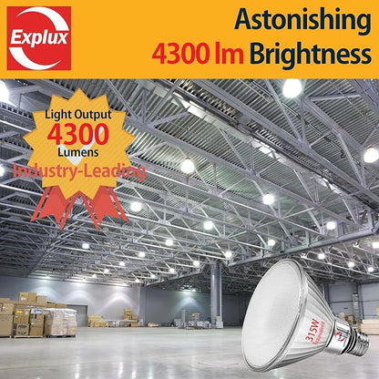 Explux 315 Watt Equivalent PAR38 LED Flood Light Bulb, Ultra Bright 4300 Lumens, Non-Dimmable, Full-Glass Outdoor Waterproof & Anti-Ageing, Daylight 5000K, 1-Pack