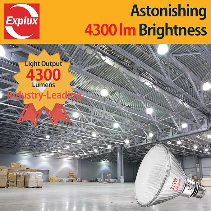 Explux 315 Watt Equivalent PAR38 LED Flood Light Bulb, Ultra Bright 4300 Lumens, Non-Dimmable, Full-Glass Outdoor Waterproof & Anti-Ageing, Daylight 5000K, 2-Pack
