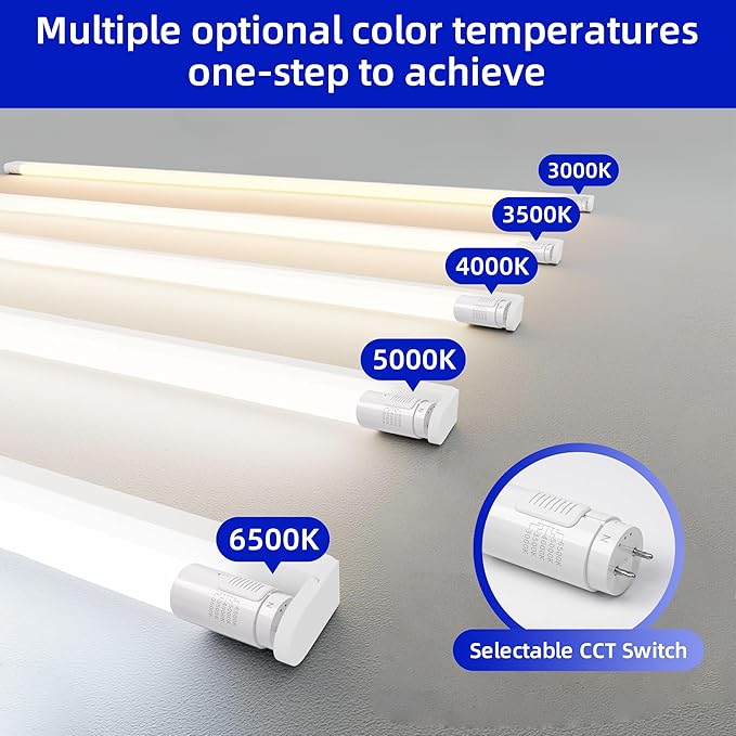 hykolity 20 Pack 5CCT 4FT LED T8 Ballast Bypass Type B Light Tube, 18W, 3000K/3500K/4000K/5000K /6500K Selectable, Single or Double End Powered, 2400lm, T8 T10 T12 Tube Light, 120-277V, UL, FCC
