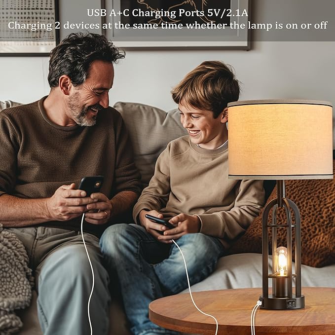 Black Table Lamps for Living Room Set of 2 - Farmhouse Industrial Lamps for Night Stands with Night Light & USB A+C, 24" Rustic Bedside Lamp for Bedroom, Bulbs Included