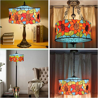 18 Inch Lamp Shade Replacement, Only Tiffany Stained Glass Lamp Chimney Straw Hat Floral Design, Baroque Rose Sunflower Orange Green Beige Fit for Table Lamp Pendant Light Floor Lamp,C