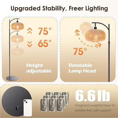 Modern Floor Lamps for Living Room, Dimmable Tall Standing Lamp with Amber Shade & Remote Control, Glass Floor Lamps for Bedroom Office Corner, 1 x 12W LED Bulb Included