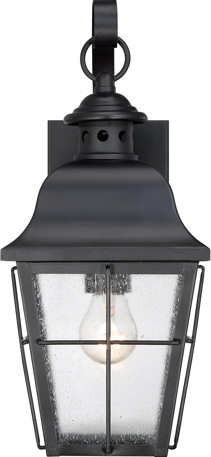 Quoizel Millhouse Outdoor Wall Lantern, 15.5 Inch, 1-Light Mystic Black Traditional Wall Sconce, Clear Seeded Glass, 100W, Exterior Wall Lantern Fixture, Outside Lights for Patio, Porch, or Garage
