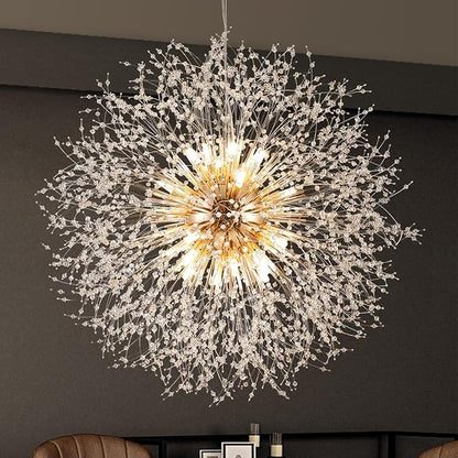 Large Dandelion Crystal Chandeliers, 24-Light Crystal Firework Pendant Lighting, 120W Gold Sputnik Hanging Chandelier Light Fixtures for Living Room Hallway