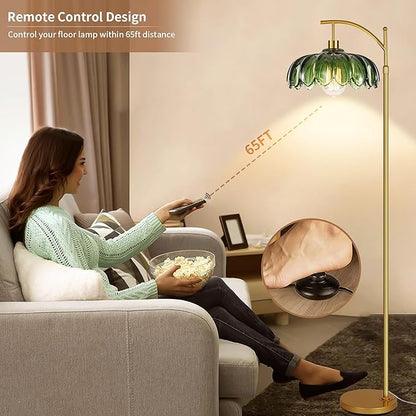 Gold Floor Lamps for Living Room,Glass Floor Lamp with Remote Control & Green Lampshade,Arc Flower Lamp Dimmable Mid Century Modern Standing Lamp Vintage Brass Tall Floor Lamp For Bedroom Corner