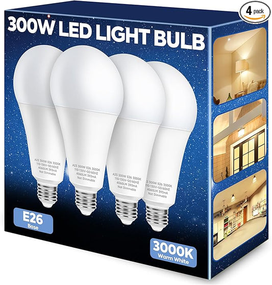 300W Equivalent LED Light Bulb, 4060LM Super Bright A23 LED Bulb, Warm White 3000K, 33W Energy Saving, E26 Medium Base, 120V for Garage, Warehouse, Shop, Supermarket, Non-Dimmable, 4 Pack