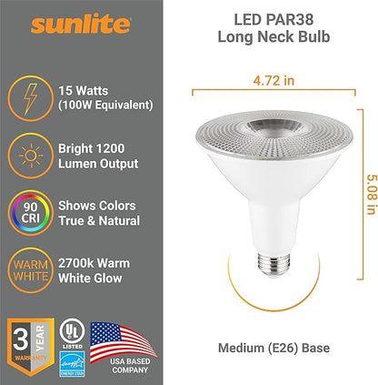 Sunlite 40303 LED PAR38 Long Neck Spotlight Bulb, 15 Watt (100W Halogen EQ), 1200 Lm, 40° Flood Beam, Medium E26 Base, 90 CRI, Waterproof, Dimmable, T20/T24/CEC & UL Listed, 2700K Warm White, 6 Count