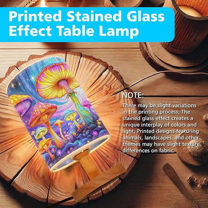 Psychedelic Mushrooms Table Lamp LED 3-Color Pressed Bedside, Psychedelic Mushrooms Shade Lamp with Wood Base for Bedroom Living Room Desk Office TL01