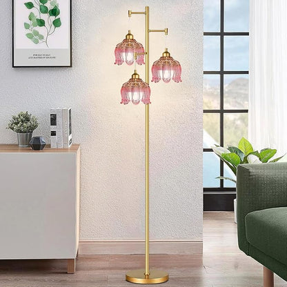 Pink Floor Lamp for Living Room,Bedroom,Gold Mid Century Modern Standing Lamp Brass Tree 3 Light Tall Floor Lamps Vintage Retro Floor Lights Glass Flower Lamp Shade Girls Kids Boho Bohemian