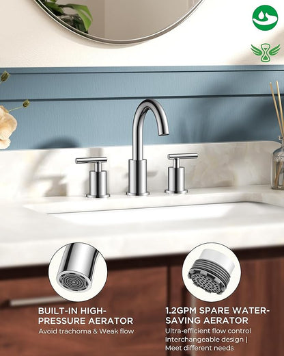 FORIOUS Chrome Bathroom Faucet 3 Hole, 8 Inch Widespread Bathroom Sink Faucet Polished Chrome 6 in with Metal Pop Up Drain and 24" Supply Line, 360 Degree Swivel Gooseneck for 3 Hole Vanity Sink RV