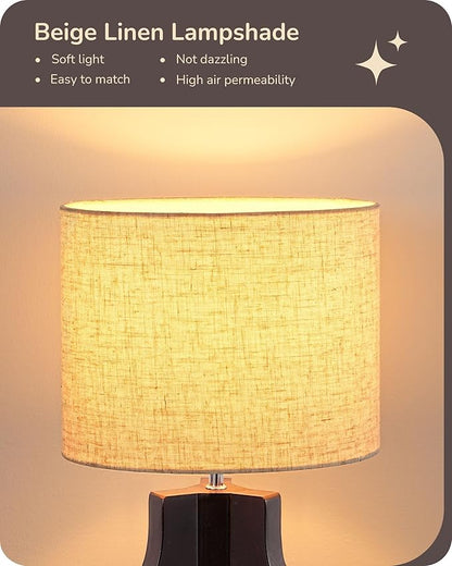 EDISHINE 14.6" Small Table Lamp, Walnut Wood Tripod Nightstand Lamp for Bedroom, Beige Linen Shade, Cute Bedside Lamp for Living Room, Bedroom, On-Off Line Switch, E26 Base(Bulb Not Included)