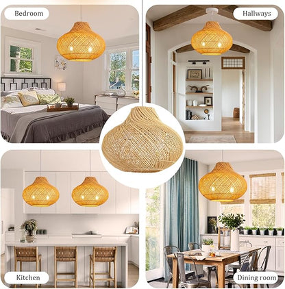 2-Light Rattan Pendant Light,14.96" Hanging Light,Round Wicker Pendant Light Hand-Woven Rattan Chandelier for Workplace Dining Living Bedroom Kitchen Farmhouse