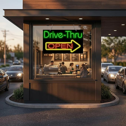Large Drive-Thru Open Neon Sign - 37" wide x 22" high - Real, Quality Hand Bent Neon Sign - Bright Green & Red Letters with a Yellow Right Arrow