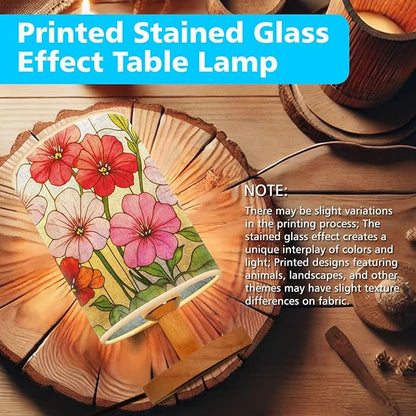 Geranium Table Lamp LED 3-Color Pressed Bedside, Geranium Shade Lamp with Wood Base for Bedroom Living Room Desk Office