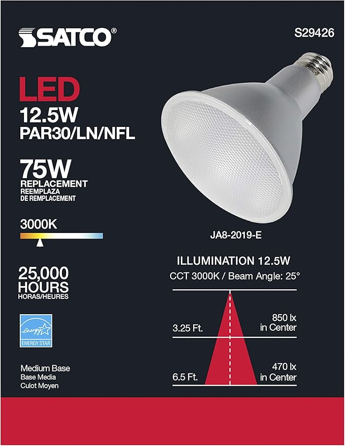 Satco S29426 12.5 Watt; PAR30LN LED; 3000K; 12-Pack California Compliant