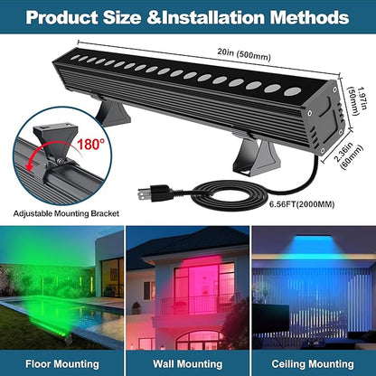 Smart Outdoor RGBCW LED Light Bar 20″, Color Changing Wall Washer with App & Remote Control, 2700K–6500K Tunable White Floodlight, IP65 RGB Stage/Porch Lights for House, Music Sync,