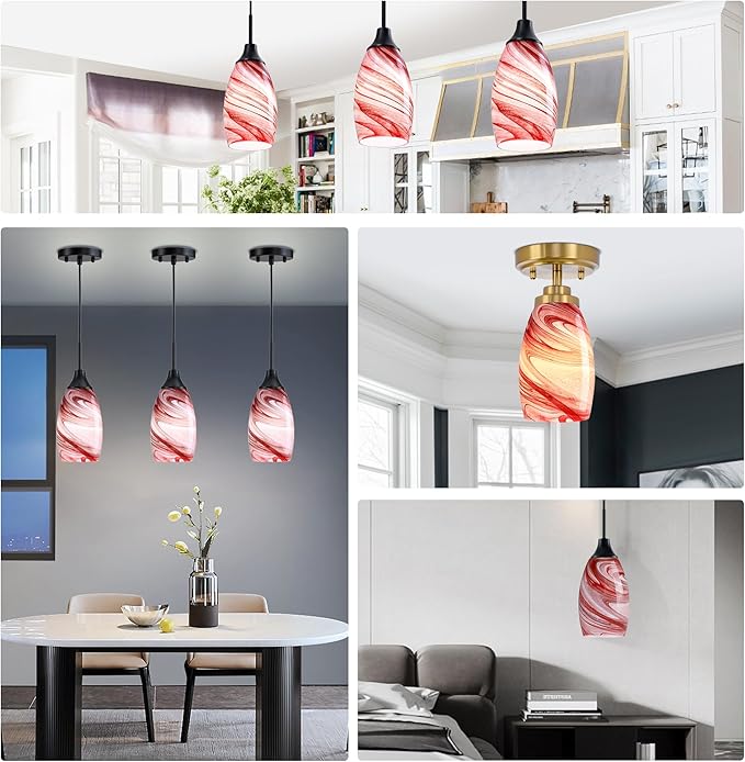 Glass Pendant Lamp Shade 4.72" Art Glass chandeliers Cover,Burgundy Marble Pendant Light Shade Mini Oval Light Shade Replacement Shade Only Light Fixtures for Kitchen Island pendant light