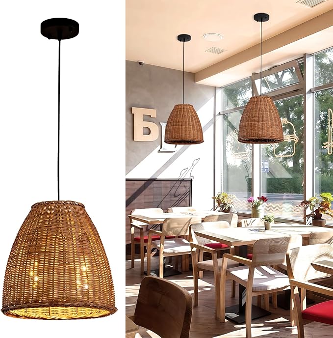 Dark Curry Rattan Pendant Light,13.77" Rustic Hanging Light 1-Pack Brown Wicker Pendant Light Hand-Woven Rattan Chandelier for Public Place Dining Living Bedroom Kitchen Farmhouse