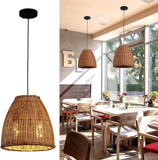 Dark Curry Rattan Pendant Light,13.77" Rustic Hanging Light 1-Pack Brown Wicker Pendant Light Hand-Woven Rattan Chandelier for Public Place Dining Living Bedroom Kitchen Farmhouse