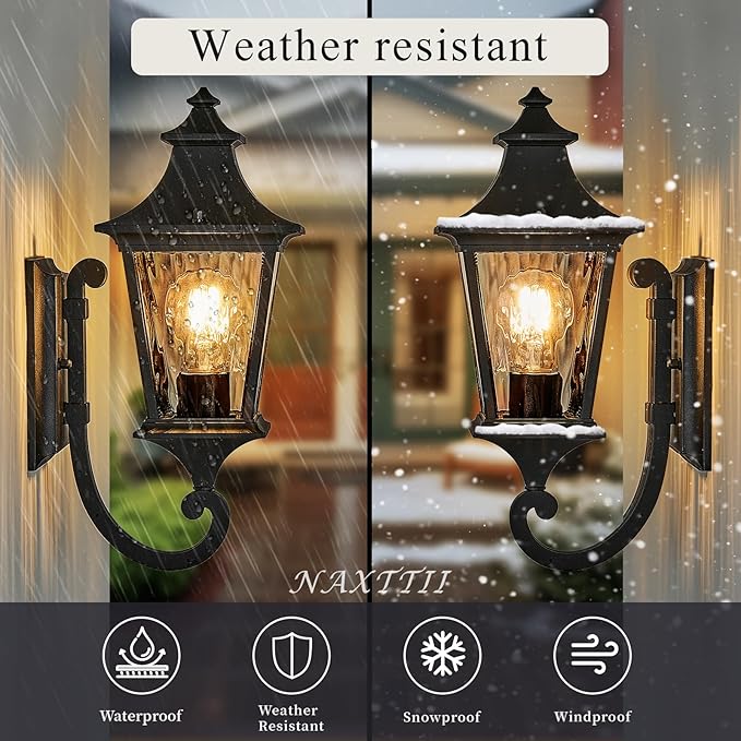 Modern 14.6 Inch Outdoor Wall Sconce Light with Water Ripple Glass in Black Finish, Aluminum Porch Light for Gardens, Garage, Yards and Entryway, E26 Socket