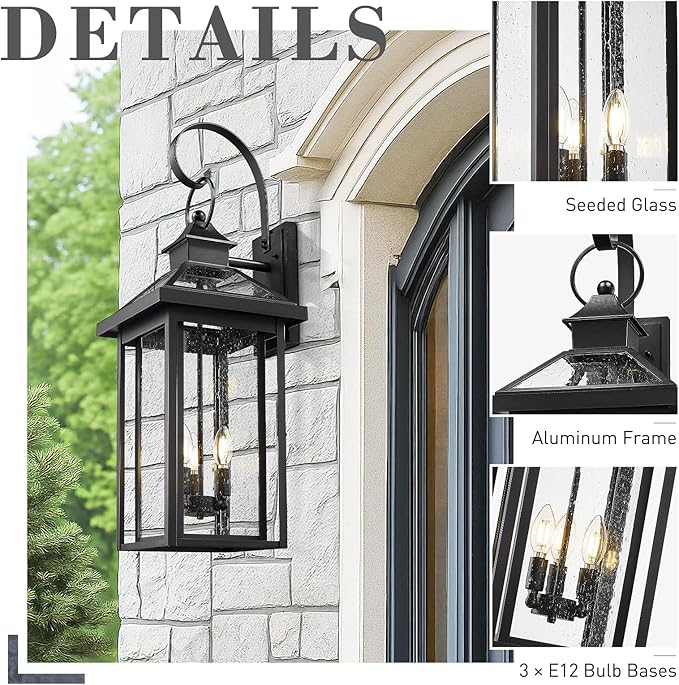 zeyu 3 Light Large Outdoor Wall Sconce, 31.3 Inch Outdoor Porch Sconce Light in Black Finish, Die-Cast Aluminum with Seeded Glass Shade, ZW114BL BK