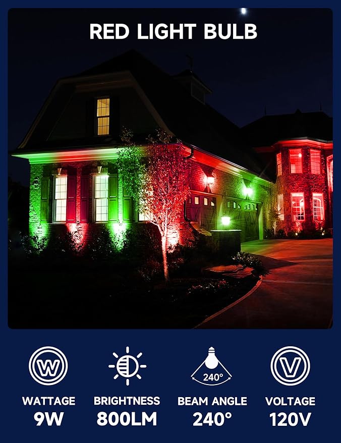 UNILAMP Red and Green Light Bulbs, 9W A19 LED Christmas Light Bulb, E26 Red Green Light Bulbs, 60W Equivalent, Color Bulb for Christmas Party Outdoor Porch Decoration, 4 Pack