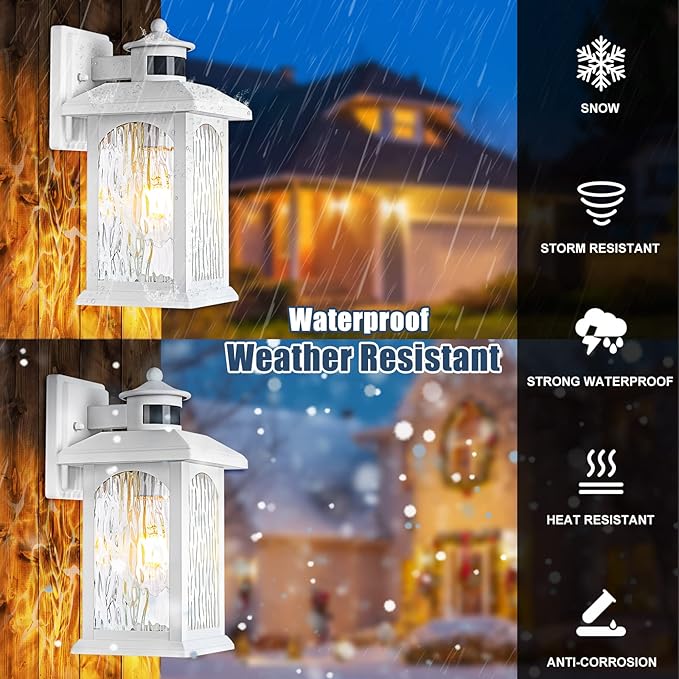 Advanced Motion Sensor Outdoor Lights 2 Packs - White Dusk to Dawn Outdoor Lighting, Anti-Rust Exterior Light Wall Mount Fixtures, Waterproof Porch Outside Lights Wall Sconce for House, Garage