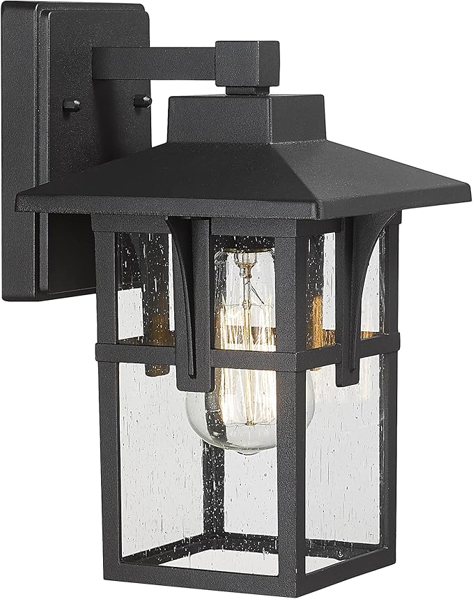 Outdoor Light Fixture, HWH Large Outdoor Wall Lantern, 1-Light Exterior Wall Mount Light with Seeded Glass, Matte Black Finish, 15" Height, HX1B BK (Large)