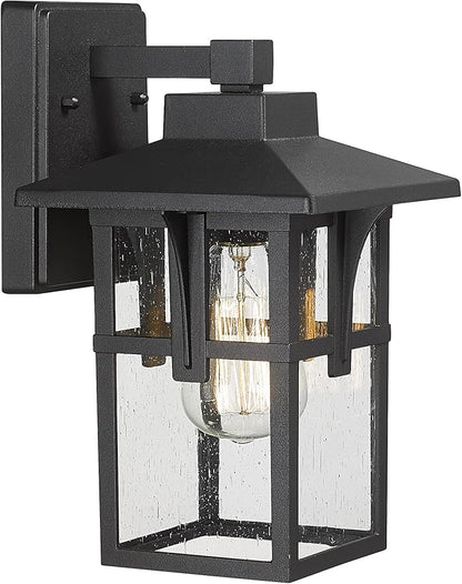 Outdoor Light Fixture, HWH Large Outdoor Wall Lantern, 1-Light Exterior Wall Mount Light with Seeded Glass, Matte Black Finish, 15" Height, HX1B BK (Large)