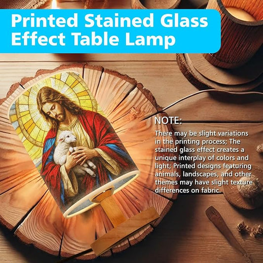 Jesus and The Lamb Table Lamp LED 3-Color Pressed Bedside, Jesus and The Lamb Shade Lamp with Wood Base for Bedroom Living Room Desk Office TL01