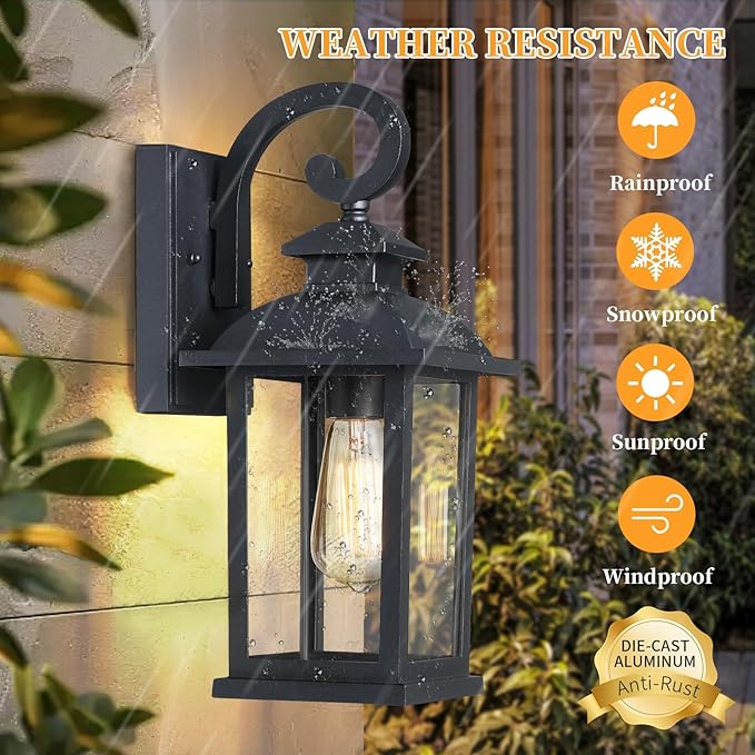 Outdoor Wall Sconce Lights Exterior 2-Pack, 15" Waterproof Retro Black Outside Porch Lights Wall Mount, Exterior Lighting Fixtures Outdoor Coach Lights for House Garage, Bulb Not Included