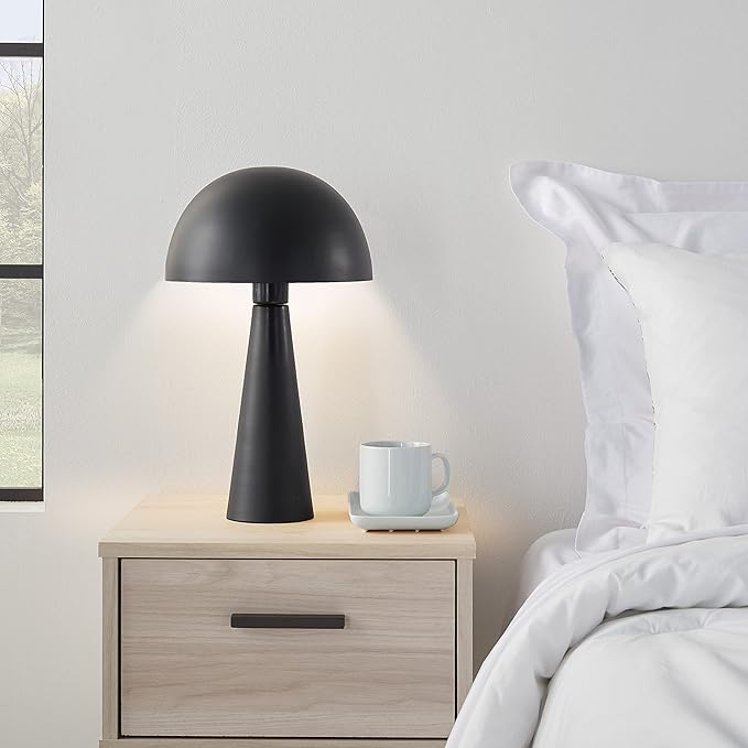 Nourison Home 16" Matte Black Metal Mushroom Table Lamp, Modern, Retro, Desk Light for Bedroom, Dining, Office, Entryway