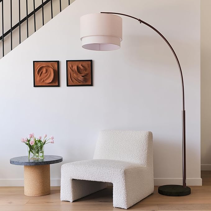 Brightech Mason Arc Floor Lamp - Modern Corner Standing Lamp with Unique Hanging Drum Lamp Shade for Living Room - Bright Overhead, Curved Hanging Light for Bedroom. Library, Den - Bronze