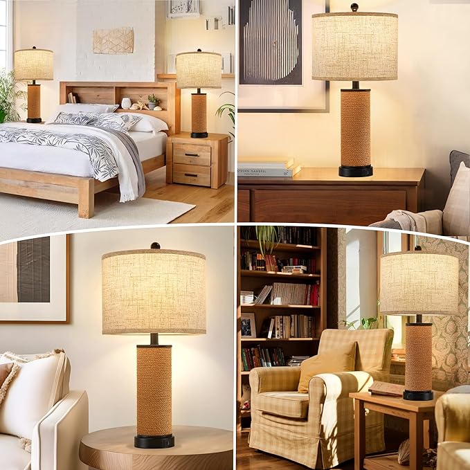 GyroVu Set of 2 Rattan Table Lamps for Living Room with USB C+A Ports, Multi Color Temperature Nightstand Bedside Lamp Rocker Switch Coastal Lamps for Bedroom, Wicker Lamps (2 Bulbs Included)