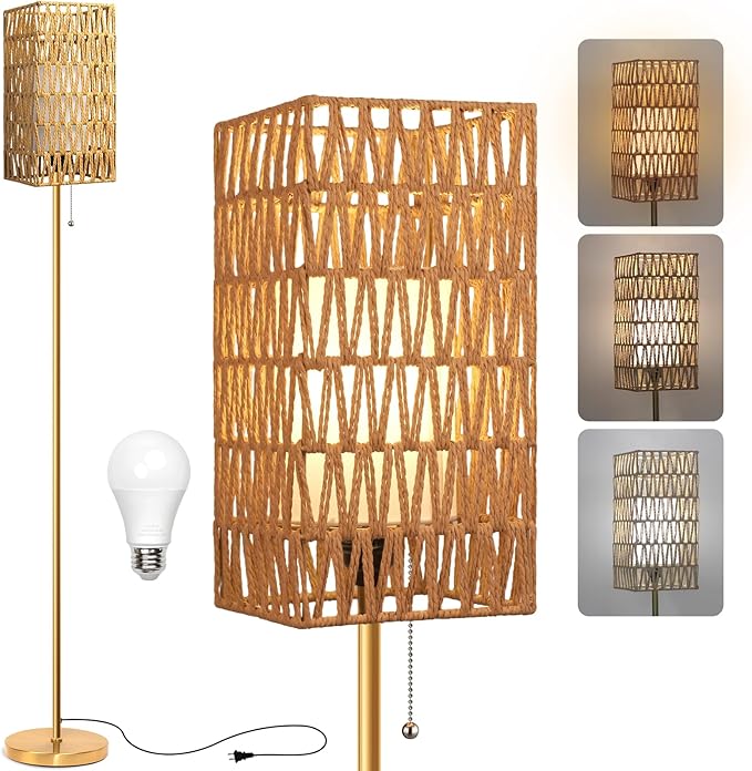 Floor Lamp for Living Room,Farmhouse Floor lamp,Modern Standing lamp with Hand-Worked Rattan Shade (Square Rattan Shade Body Gold Color-3 Color Bulb)