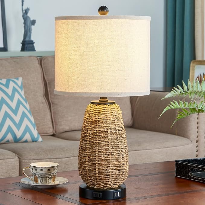 Touch Control Rattan Table Lamps, 3 Way Dimmable Bedside Lamps for Bedroom Set of 2 with 2 USB Ports and AC Outlet, Nightstand Lamps for Living Room (LED Bulbs Included), Grass