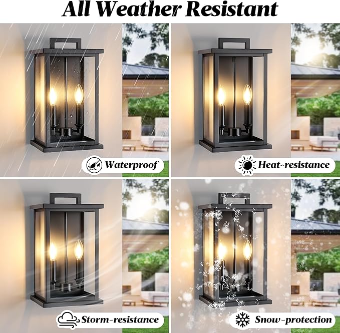 Large Outdoor Lights For House,Modern Exterior Lighting Fixtures,Black Outdoor Wall Lantern Sconce,2-Light Front Porch Garage Hallway Wall Mount Light With Thick Glass Shades Waterproof 2 Pack