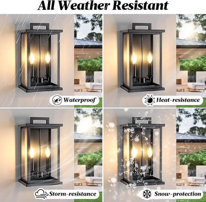 Large Outdoor Lights For House,Modern Exterior Lighting Fixtures,Black Outdoor Wall Lantern Sconce,2-Light Front Porch Garage Hallway Wall Mount Light With Thick Glass Shades Waterproof 2 Pack