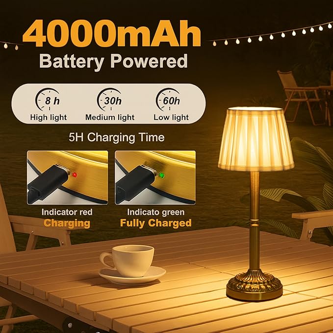 Cordless Table Lamp with Touch Control, Small LED Bedside Lamp with Pleated Shade, 3 Brightness Levels Nightstand Lamp for Bedroom, Living Room & Dorm Room