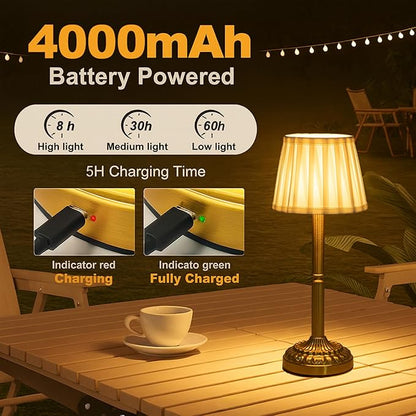 Cordless Table Lamp with Touch Control, Small LED Bedside Lamp with Pleated Shade, 3 Brightness Levels Nightstand Lamp for Bedroom, Living Room & Dorm Room