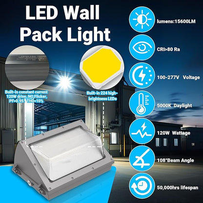 4Pack 120W LED Wall Pack Light,Outside Exterior Lighting with Anti-Yellowing Glass Lens, Dusk to Dawn 18000LM 5000K IP66 100-277V Commercial Security Light for Factory/Parking Lot,5-Yr Warranty