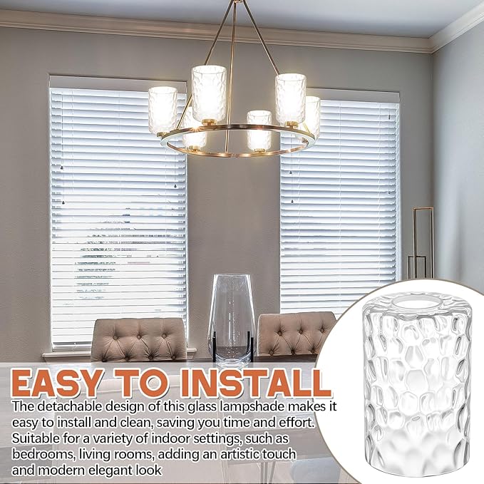 6 Pcs Clear Hammered Glass Shade Replacements for Pendant Light Fixtures Glass Lamp Shade Cover, 1-5/8 Inch Fitter E26 Base, 4"w x 6"h, Replacement Lamp Globe for Chandelier Wall Sconce