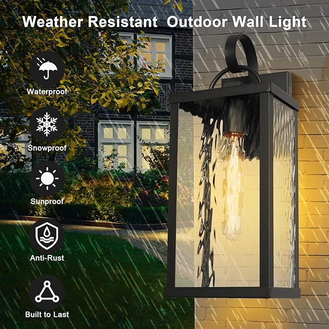 Outdoor Wall Light Fixture, Modern Black Exterior Wall Lantern with Water Ripple Glass, Farmhouse Vintage Waterproof Wall Sconce Porch Light for Patio, Garage, Front Door, Garden, Yard, E26