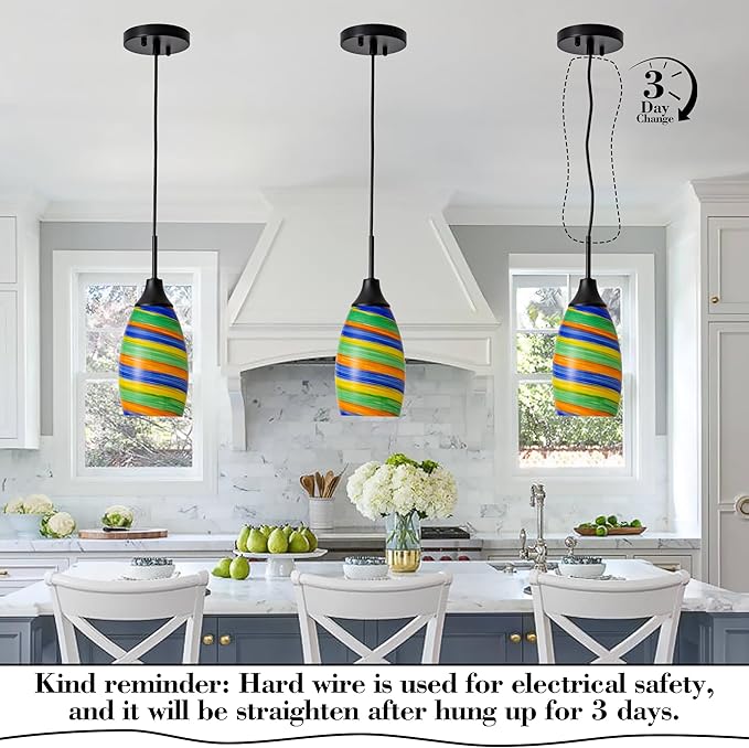 Mini Glass Pendant Light,4.72" Rainbow Hanging Lights 1-Pack Handblown Oval Rainbow Art Glass Hanging Pendant Light for Kitchen Island,Dining Room,Living,Foyer,Hallway, Entry