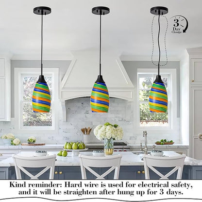 Mini Glass Pendant Light,4.72" Rainbow Hanging Lights 1-Pack Handblown Oval Rainbow Art Glass Hanging Pendant Light for Kitchen Island,Dining Room,Living,Foyer,Hallway, Entry